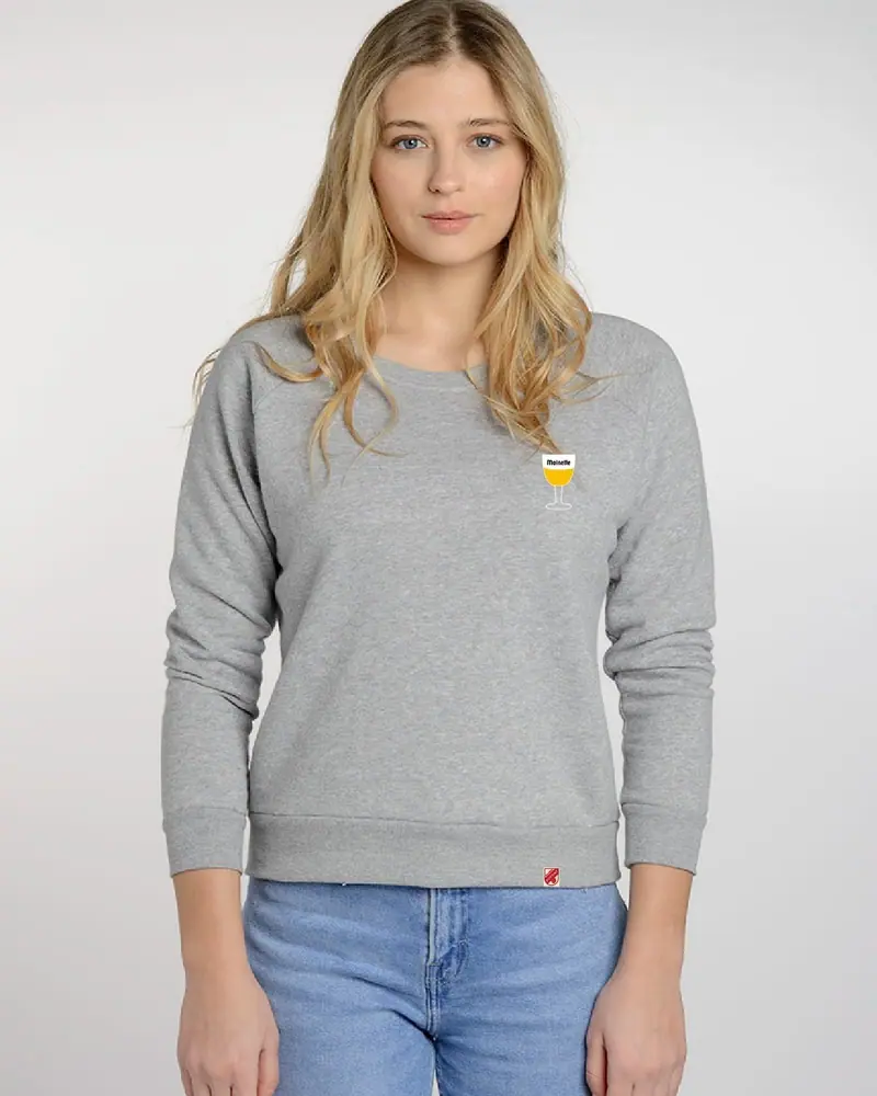 Grey sweatshirt embroidered with a glass of Moinette and a woven label