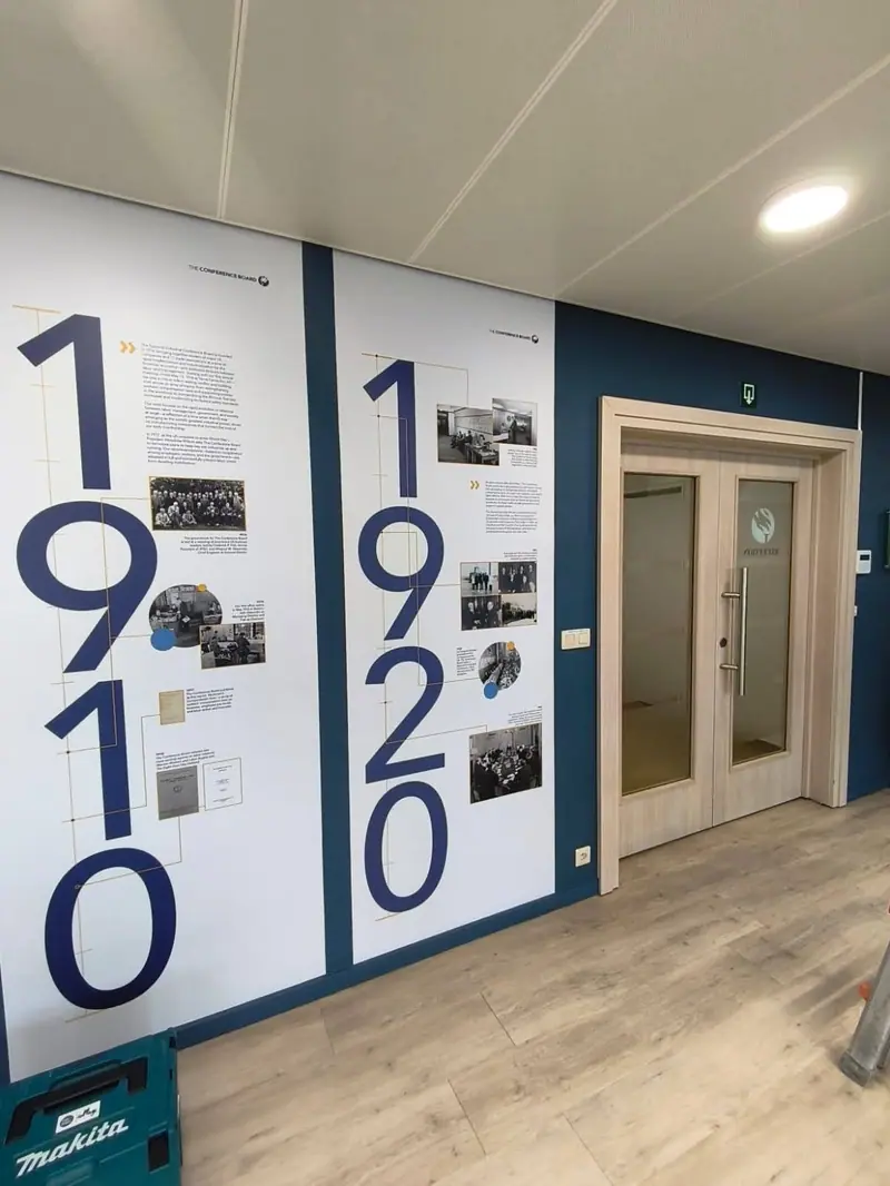 Office corridor with walls dressed in a printed timeline