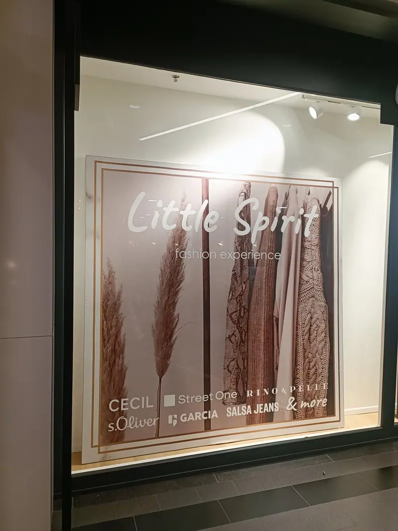 Little Spirit shop window with large-format posters and lettering