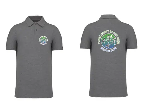 Grey custom polo shirts in Plancenoit Sport colours, front and back