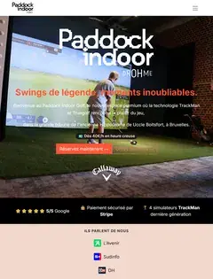 Paddock Indoor Golf website: home page with a golfer in front of a simulator